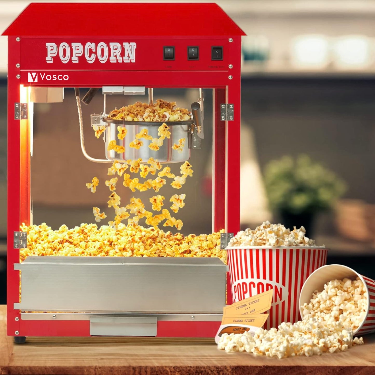 Automatic Nostalgia Popcorn Maker Machine - Professional Cart - Hopper Capacity: 300 gr - Cinema Style Vintage Popcorn Machine - Red