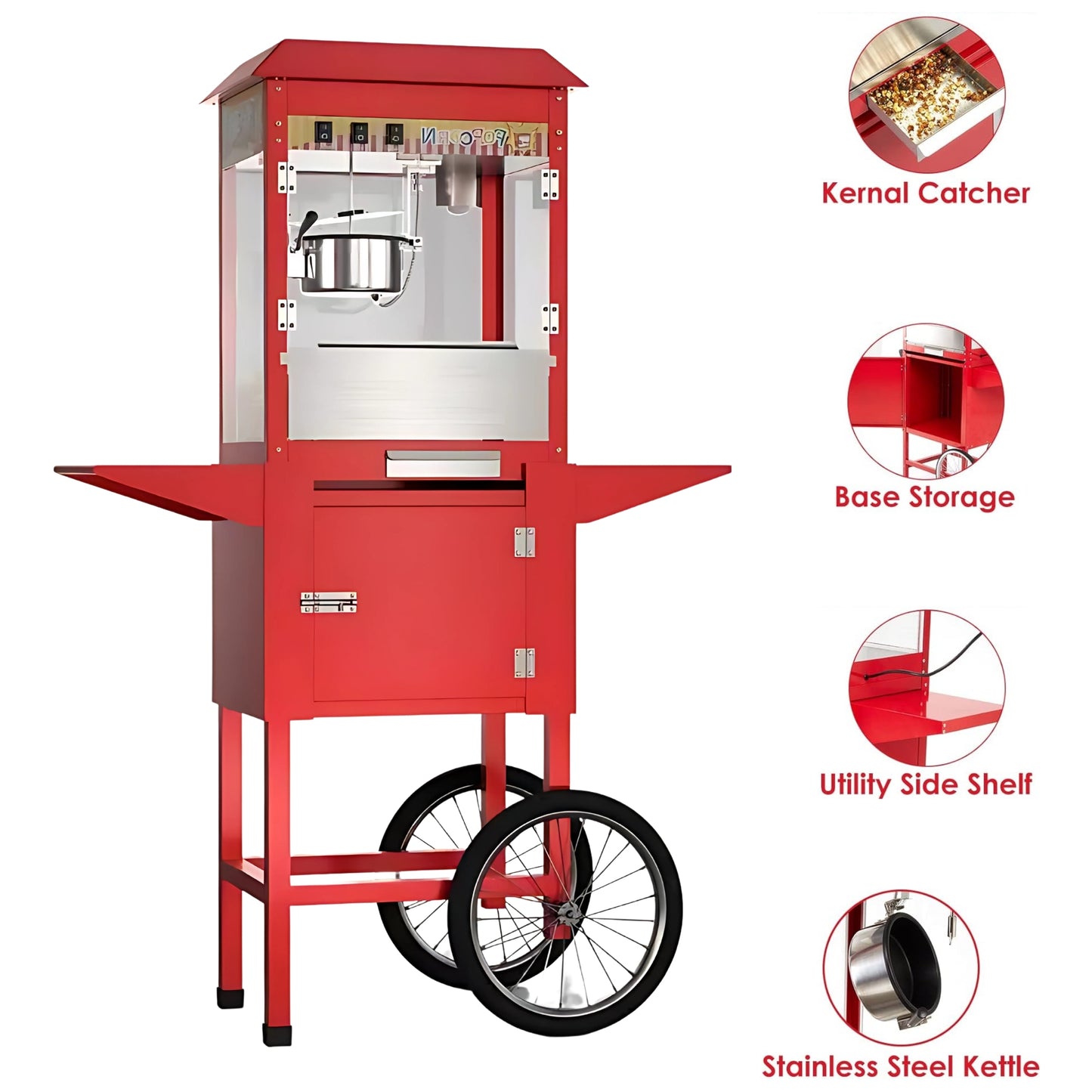 Automatic Nostalgia Popcorn Maker Machine - Professional Cart - Hopper Capacity: 300 gr - Cinema Style Vintage Popcorn Machine - Red