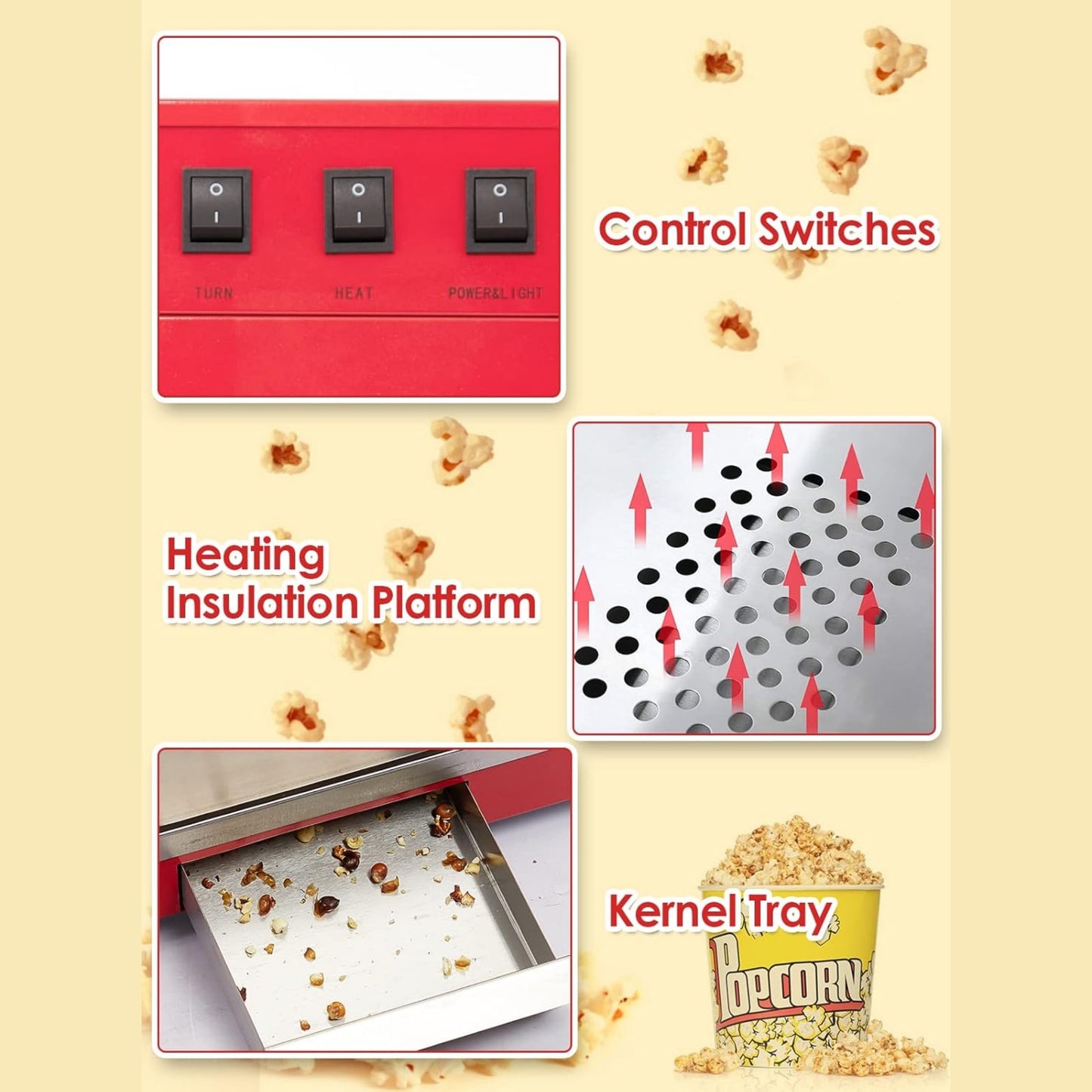 Automatic Nostalgia Popcorn Maker Machine - Professional Cart - Hopper Capacity: 300 gr - Cinema Style Vintage Popcorn Machine - Red
