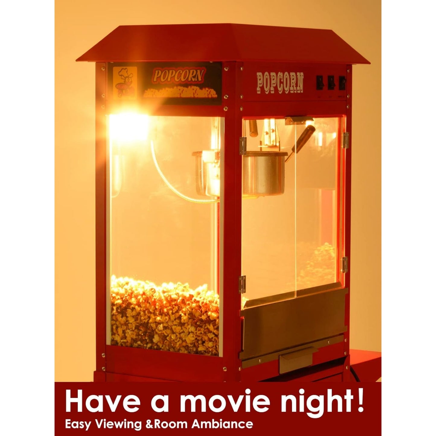 Automatic Nostalgia Popcorn Maker Machine - Professional Cart - Hopper Capacity: 300 gr - Cinema Style Vintage Popcorn Machine - Red